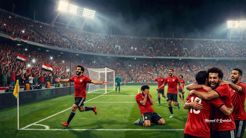 A narrative-realist editorial illustration: Egyptian players in red erupt across the pitch at night after the winning penalty — the scorer sprinting with arms spread wide, one teammate on his knees overwhelmed, others embracing — while the Australian goalkeeper stands by his goal with quiet dignity; Egyptian flags and camera flashes fill the floodlit stands.