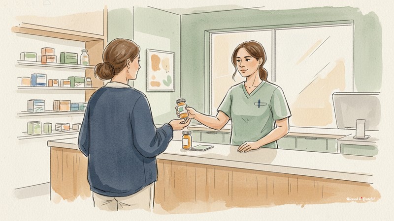 Watercolor of a pharmacist handing a pill bottle to a patient at a modern pharmacy counter
