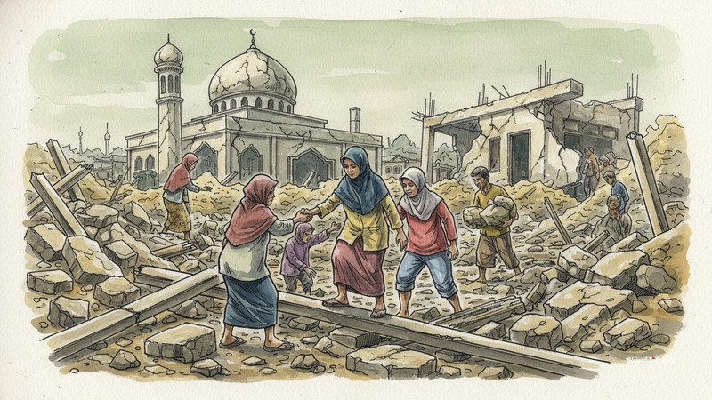 Watercolor of damaged buildings and Indonesian residents helping each other through earthquake rubble in North Maluku