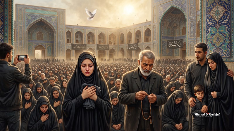 A painting in the narrative-realist tradition: hundreds of Iranian mourners in black — women in chadors, men, an older man with prayer beads, a family of three — gathered under a late-morning sun at a vast tiled religious complex in Tehran; in the foreground, a young Iranian woman in a chador presses her hands together over a folded prayer cloth with tears on her cheeks, an older bearded man works prayer beads through his fingers, and a boy stands pressed to his mother's side holding her hand; behind them, turquoise-and-lapis Persian tilework, Persian calligraphy on hanging banners, and a sea of bowed heads; one lone white bird flies above, and at the crowd's edge a young man raises a mobile phone to record the moment.