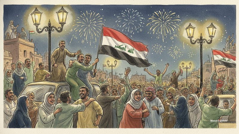Watercolor of jubilant Iraqi football fans celebrating in Baghdad streets at night, waving flags from car rooftops with fireworks