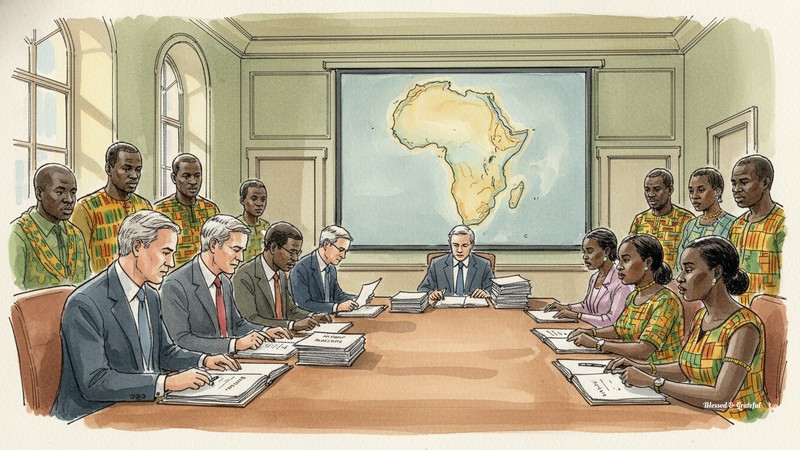 Watercolor of a British government hearing room with officials and African diplomats reviewing aid budget documents