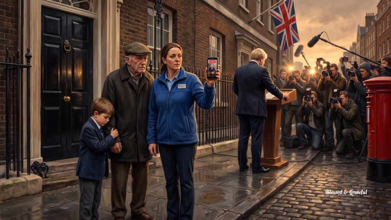 A narrative-realist painting outside a famous black London door in late-afternoon light: a newly arrived prime minister, seen from behind at a lectern with no recognisable face, addresses a bank of photographers and raised cameras; in the warm foreground an ordinary British family — a mother in a work fleece holding up a phone, a grandfather in a flat cap, a schoolchild in uniform — watches the moment on the glowing screen; a furled Union Jack and a red pillar box stand at the street's edge.
