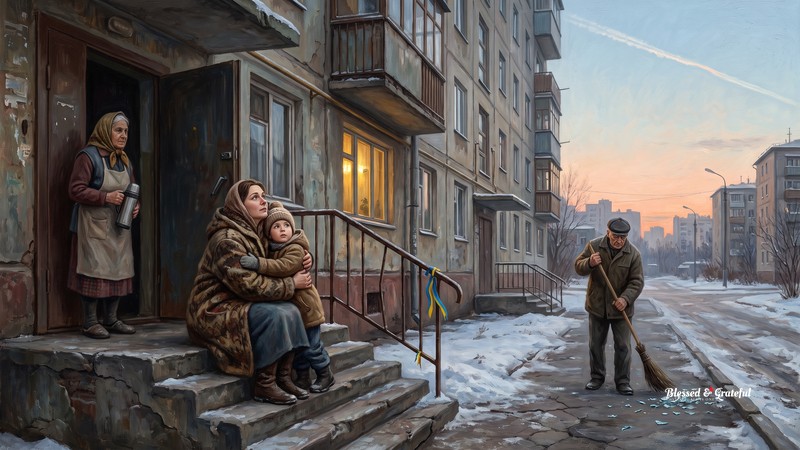 A narrative-realist painting at dawn: a Ukrainian mother holds her young child on the steps of an apartment block on a city's edge, both looking up at a thin bright air-defence interceptor trail crossing the pale winter sky; a grandmother waits in the doorway with a thermos and a neighbour sweeps broken glass, a strand of blue-and-yellow ribbon tied to the stair rail.