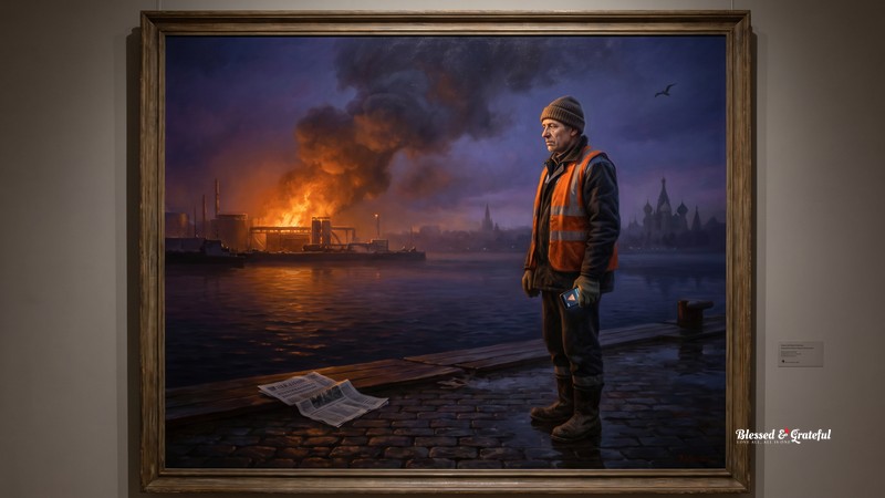 A painting in the narrative-realist tradition: pre-dawn on St Petersburg's Baltic port waterfront, an oil-terminal fire glowing orange-and-amber in the middle distance under thick black smoke, the silhouettes of the city's historic domes and spires faint on the far horizon; in the foreground a middle-aged Russian port worker in a reflective vest and knitted wool cap stands with his back mostly to us, his face lit in profile by the fire, watching quietly; a modern smartphone glows in his gloved hand showing a mobile-signal warning icon; a single seabird crosses the sky; a folded newspaper lies on the wet dockboards near his boots.