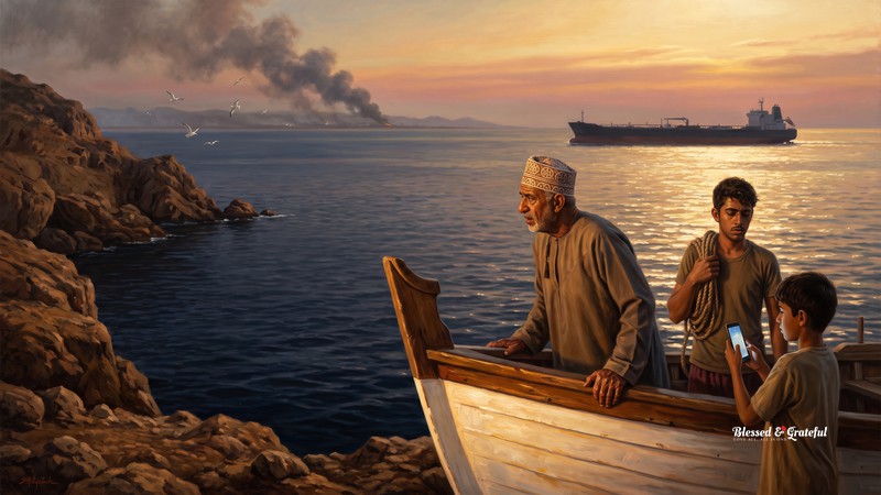 A narrative-realist painting at first light on the Strait of Hormuz: from a rocky headland, an older fisherman, a young deckhand and a boy beside a beached white dhow watch a column of smoke rise from the far shore behind a silhouetted, unlit tanker; the boy holds up a phone, recording; the dawn sky glows gold over dark water.