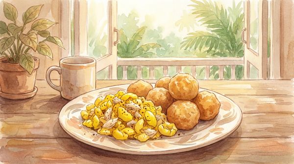 Watercolor illustration of Jamaican ackee and saltfish with fried dumplings