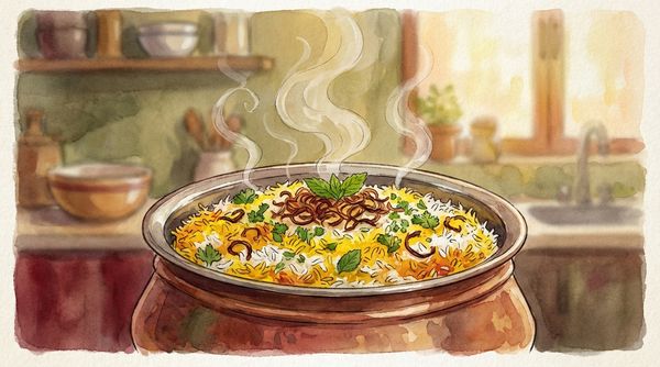 Watercolor illustration of layered biryani in a copper handi pot with saffron rice