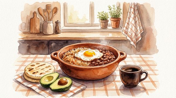 Watercolor illustration of Colombian calentado with fried egg and arepa