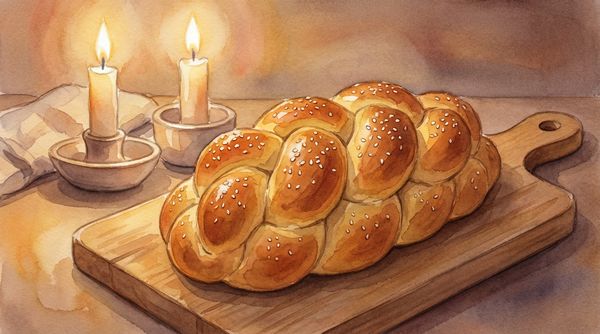 Watercolor illustration of braided challah bread with Shabbat candles