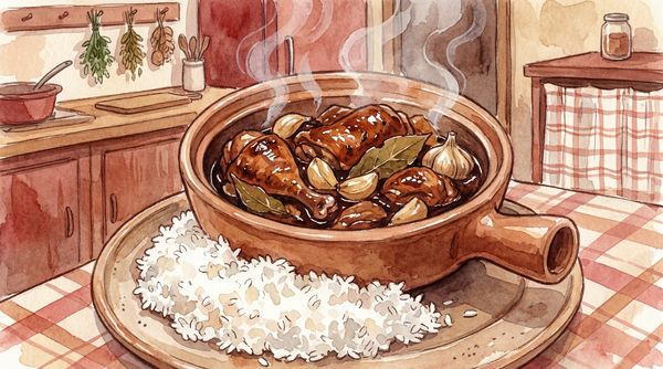 Watercolor illustration of Filipino chicken adobo in a clay pot with glossy sauce
