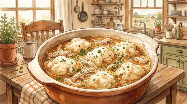 Watercolor illustration of Southern chicken and dumplings in a casserole dish