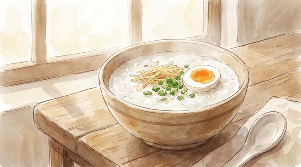 Watercolor illustration of a simple bowl of congee with ginger and scallions