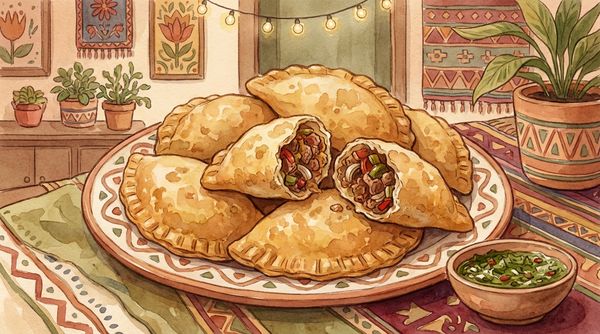 Watercolor illustration of golden empanadas with chimichurri sauce