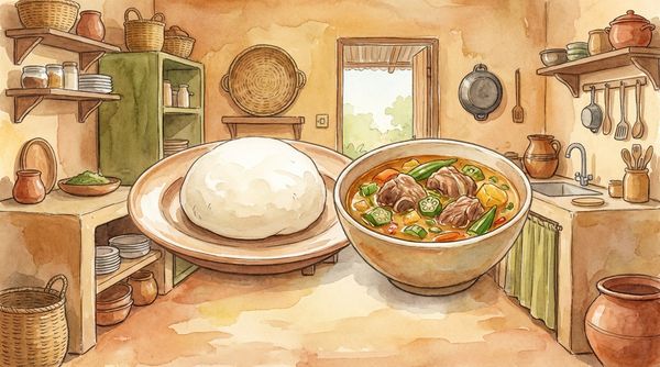 Watercolor illustration of Ghanaian fufu beside a bowl of light soup