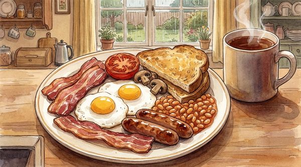 Watercolor illustration of a Full English breakfast with eggs, bacon, and tea