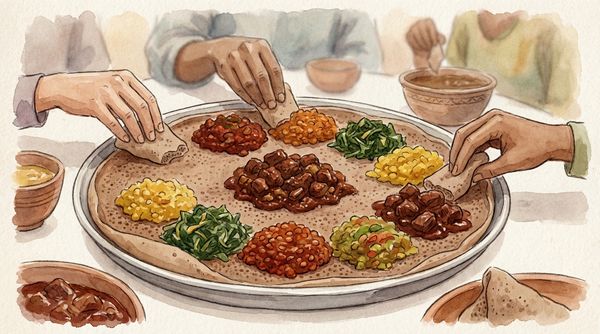Watercolor illustration of Ethiopian injera bread with colorful wot stews