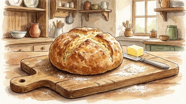 Watercolor illustration of Irish soda bread with a cross scored on top