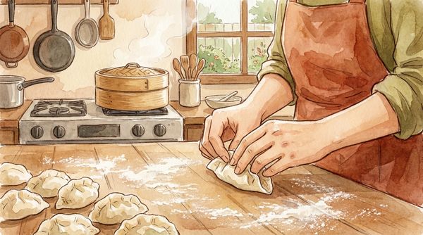 Watercolor illustration of Chinese jiaozi dumplings being folded by hand