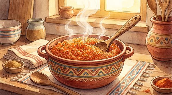 Watercolor illustration of steaming jollof rice in a colorful West African bowl