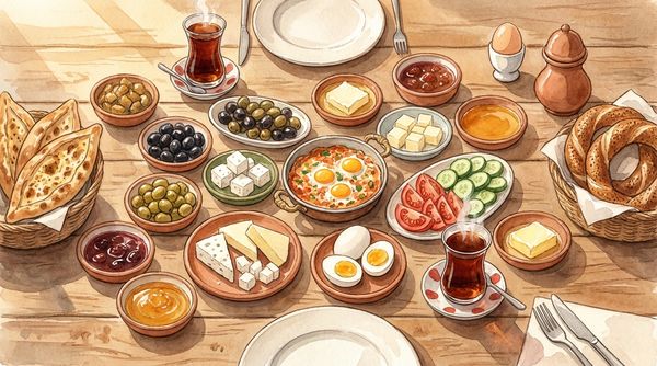 Watercolor illustration of Turkish kahvalti breakfast spread from above