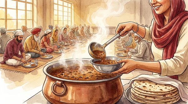 Watercolor illustration of langar dal being served in a Gurdwara with volunteers ladling into bowls