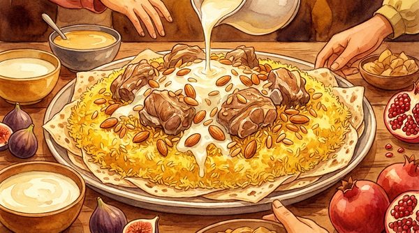 Watercolor illustration of a mansaf platter with lamb over golden rice and jameed sauce