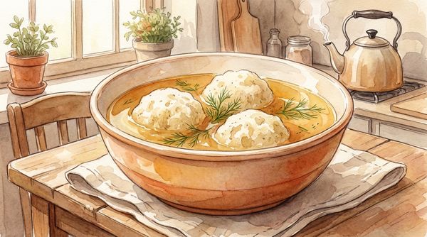 Watercolor illustration of matzo ball soup with fluffy dumplings in golden broth