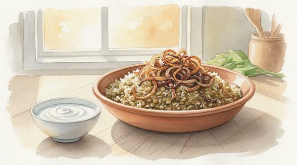 Watercolor illustration of a wide shallow bowl of mujaddara with caramelized onions on top and yogurt on the side