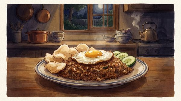 Watercolor illustration of Indonesian nasi goreng with fried egg