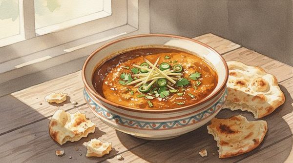 Watercolor illustration of a deep bowl of nihari with bone marrow, garnished with ginger and green chili, naan on the side at dawn