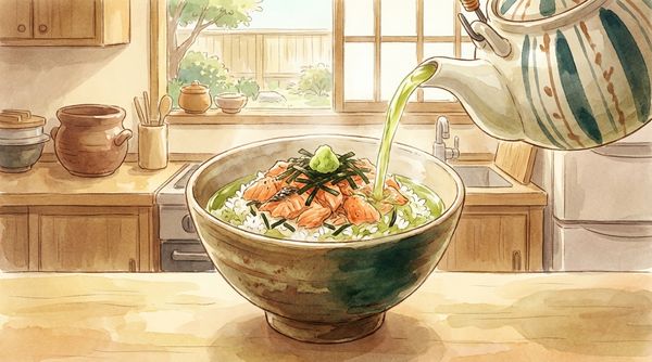 Watercolor illustration of Japanese ochazuke with green tea poured over rice