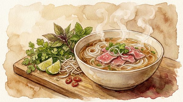 Watercolor illustration of Vietnamese pho with fresh herbs and lime