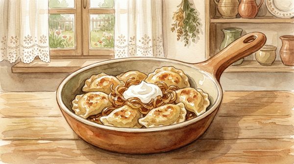 Watercolor illustration of Polish pierogi with caramelized onions and sour cream