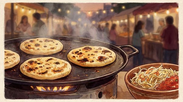 Watercolor illustration of Salvadoran pupusas on a comal with curtido