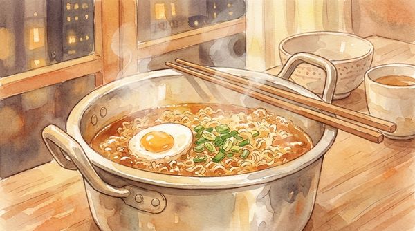 Watercolor illustration of Korean ramyeon in an aluminum pot with egg