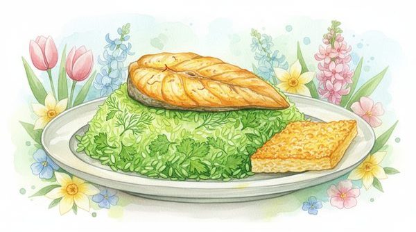 Watercolor illustration of green herb rice with golden fish and saffron tahdig on a festive Nowruz table