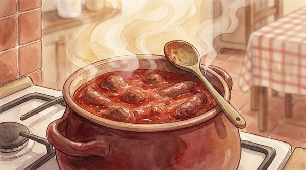 Watercolor illustration of Italian Sunday gravy simmering with meatballs
