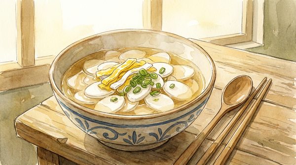Watercolor illustration of tteokguk rice cake soup with egg garnish in a Korean bowl