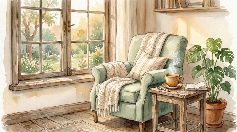 Watercolor illustration of a quiet reading nook with a green armchair, tea, and warm window light