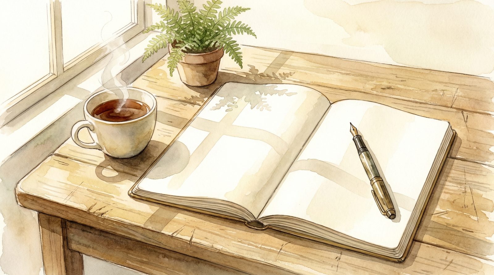 Watercolor illustration of an open journal on a wooden desk with a cup of tea and morning light