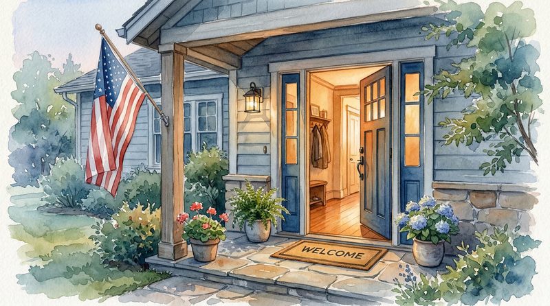Watercolor illustration of an open front door with warm golden light, an American flag on the porch, and a welcome mat