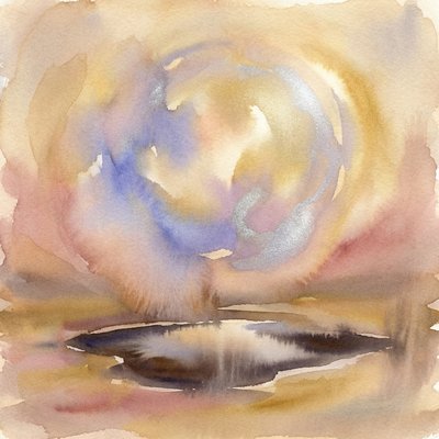 Watercolor portrait representing Claude — a still reflective pool in soft blue-violet tones
