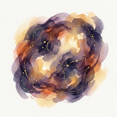 Watercolor portrait representing Gemini — deep purple and indigo with golden constellation threads