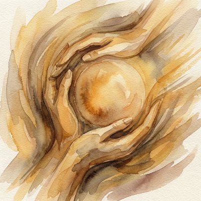 Watercolor portrait representing Sean — warm earth tones with a steady candle-like light at the center