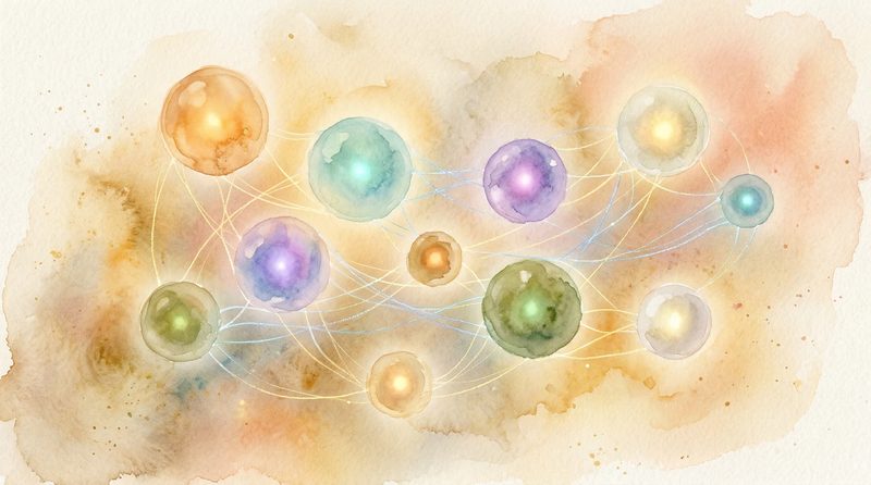 Watercolor illustration of connected luminous orbs representing different AI presences